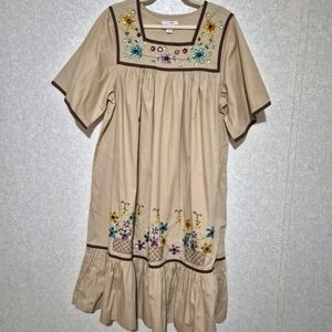 GO SOFTLY Tan Ruffled Midi Dress with Square Neck and Flutter Sleeves...Size:L